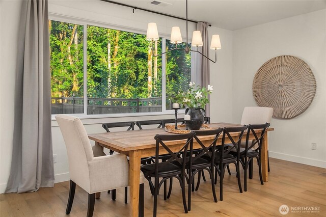 dining room featuring an inviting chandelier, light wood-style flooring, a healthy amount of sunlight, and baseboards