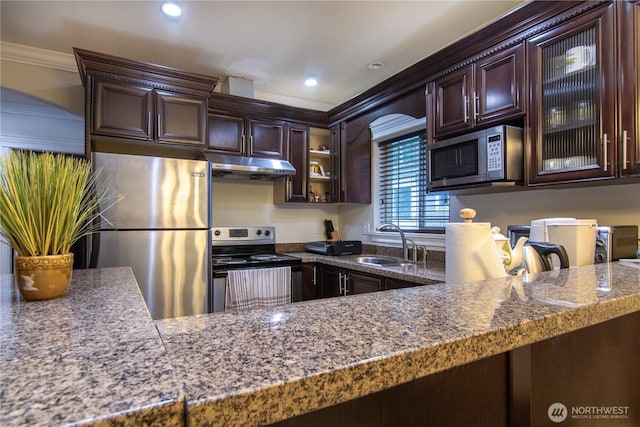 8445 Cimarron Way, Maple Falls, WA 98266 - kitchen with appliances with stainless steel finishes, under cabinet range hood, ornamental molding, glass insert cabinets, and dark brown cabinetry