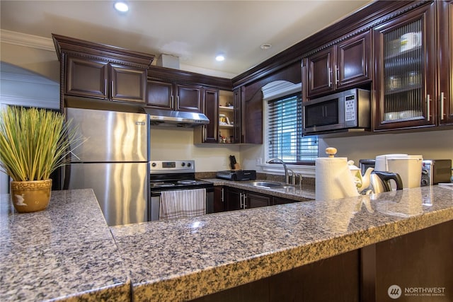 kitchen featuring glass insert cabinets, under cabinet range hood, dark brown cabinetry, stainless steel appliances, and a sink