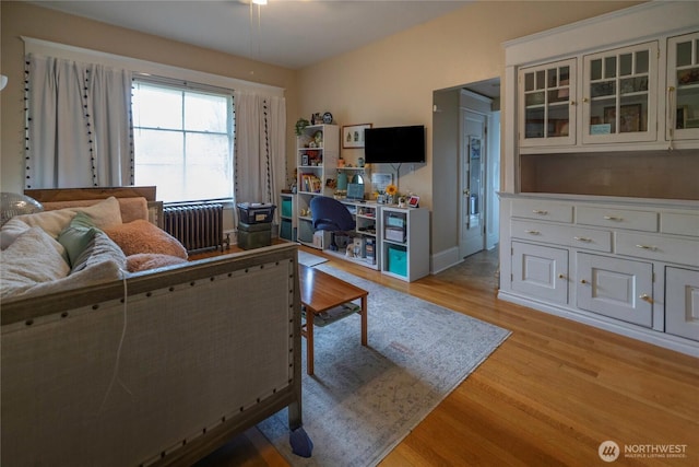 living area with light wood finished floors, radiator heating unit, and baseboards