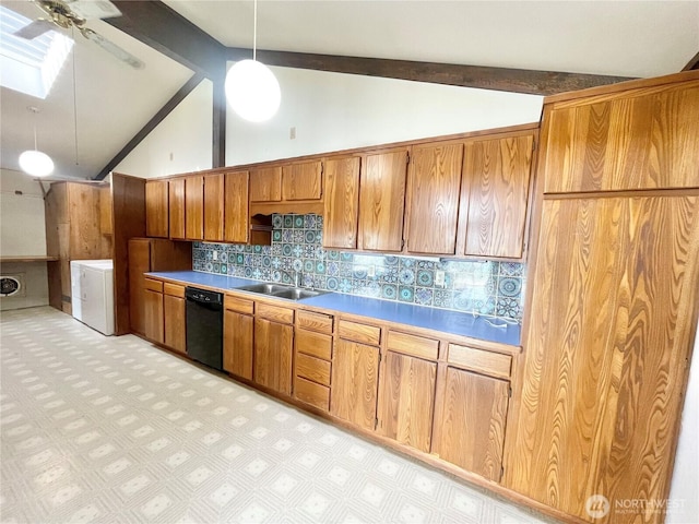 kitchen with a sink, black dishwasher, ceiling fan, and brown cabinetry