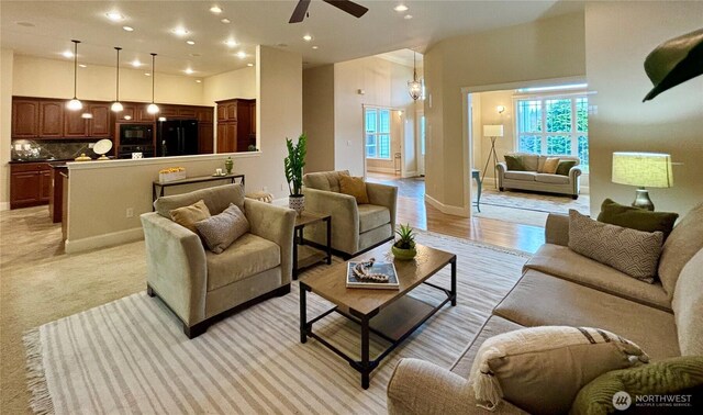 50 Holbrook Ln, Aberdeen, WA 98520 - living room featuring a high ceiling, recessed lighting, baseboards, and ceiling fan
