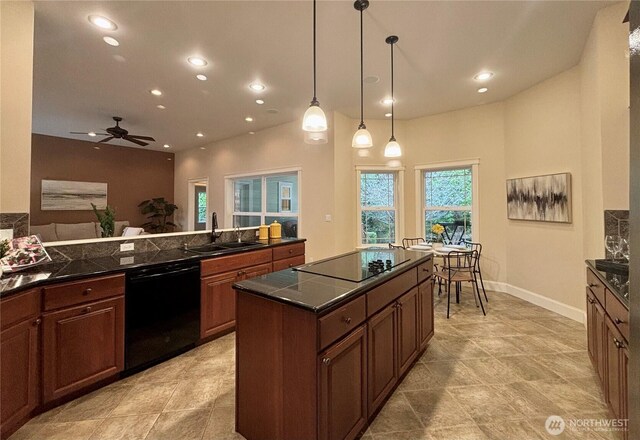 50 Holbrook Ln, Aberdeen, WA 98520 - kitchen with pendant lighting, recessed lighting, black appliances, a ceiling fan, and a sink