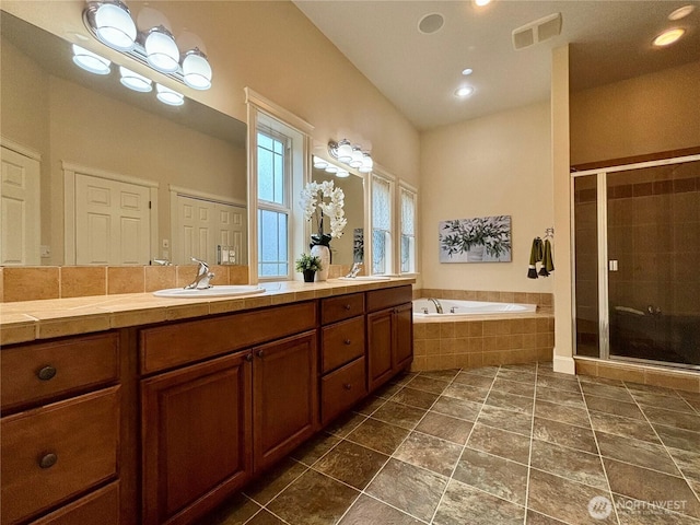 50 Holbrook Ln, Aberdeen, WA 98520 - bathroom featuring vanity, visible vents, recessed lighting, a shower stall, and a bath