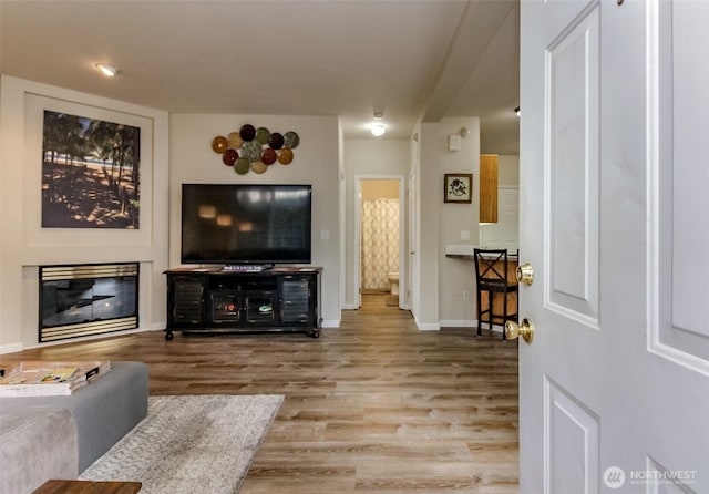 living room featuring a glass covered fireplace, baseboards, and wood finished floors