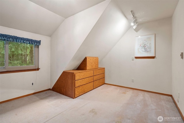 additional living space with baseboards, lofted ceiling, and light colored carpet