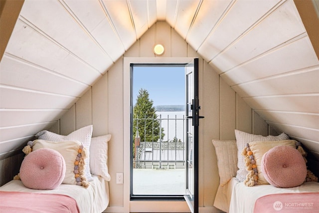 bedroom featuring lofted ceiling