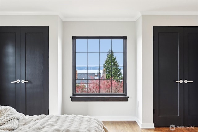 bedroom with wood finished floors, baseboards, and ornamental molding