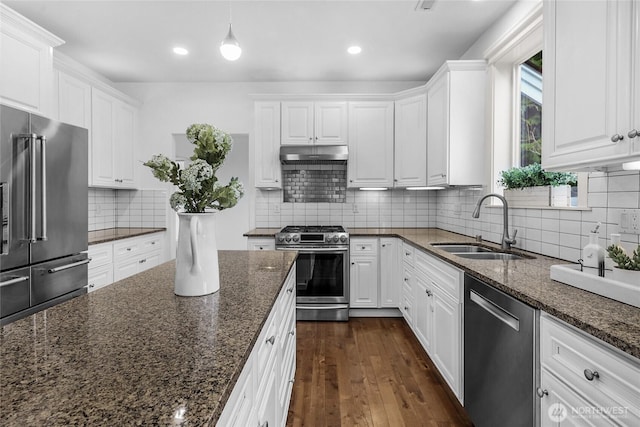 kitchen featuring under cabinet range hood, white cabinets, stainless steel appliances, and a sink