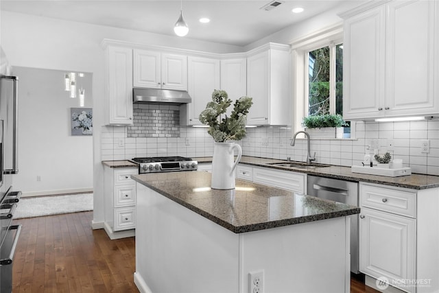 kitchen featuring white cabinets, under cabinet range hood, and a sink