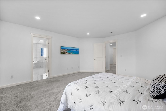 bedroom with recessed lighting, carpet, baseboards, and ensuite bathroom