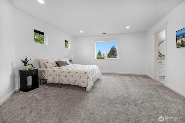 bedroom with recessed lighting, baseboards, carpet floors, and visible vents