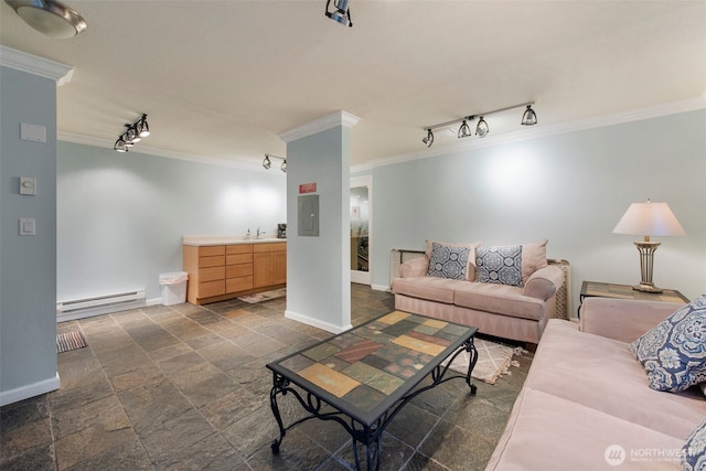 living area with baseboards, electric panel, stone tile flooring, crown molding, and baseboard heating