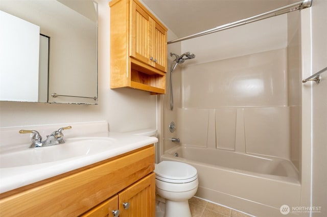 bathroom with tile patterned flooring, toilet, vanity, and  shower combination