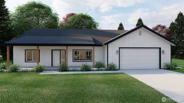 view of front of house with covered porch, an attached garage, driveway, and a front yard