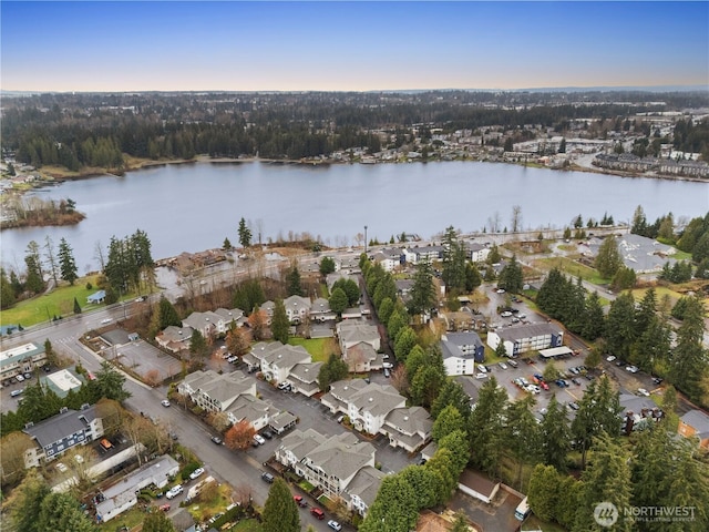 birds eye view of property with a water view and a residential view