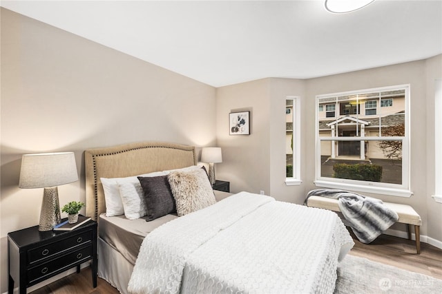 bedroom featuring multiple windows, wood finished floors, and baseboards