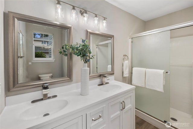 bathroom with double vanity, a shower stall, and a sink