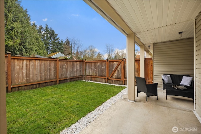 view of yard featuring a patio area and a fenced backyard