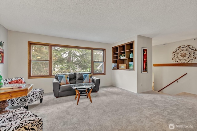 carpeted living area with a textured ceiling