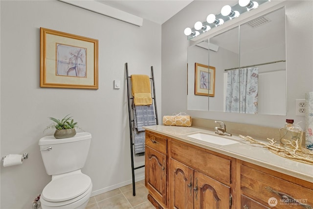 bathroom with visible vents, a shower with curtain, toilet, tile patterned flooring, and vanity