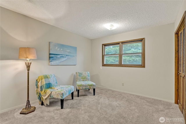 living area with baseboards, carpet floors, and a textured ceiling