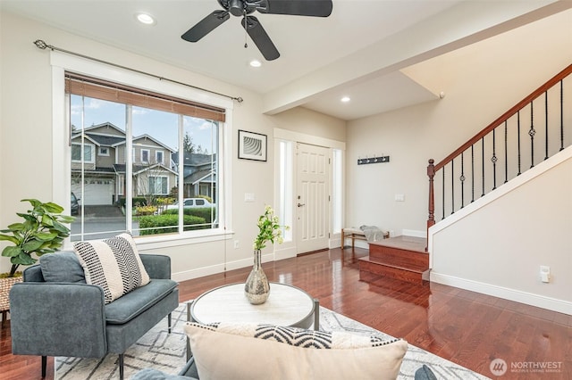 living room with stairway, wood finished floors, baseboards, recessed lighting, and ceiling fan