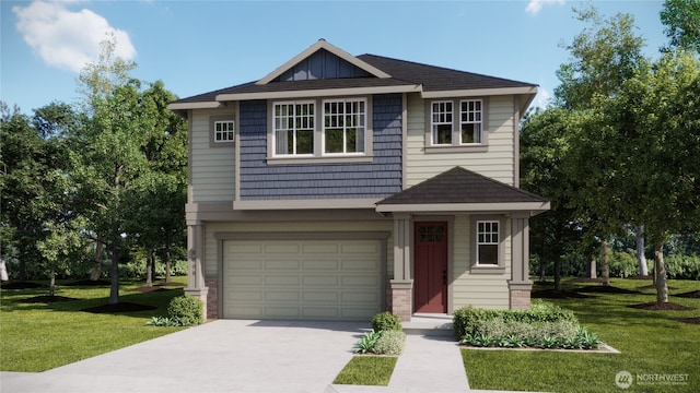 craftsman-style house with a front yard, concrete driveway, a garage, and a shingled roof