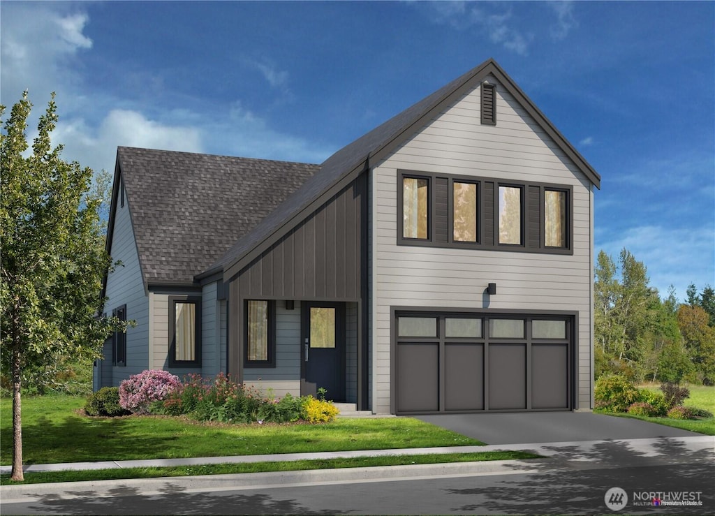 view of front of house with concrete driveway, an attached garage, a front lawn, and a shingled roof