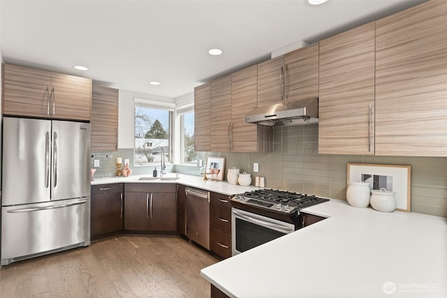 kitchen with under cabinet range hood, light countertops, appliances with stainless steel finishes, and a sink