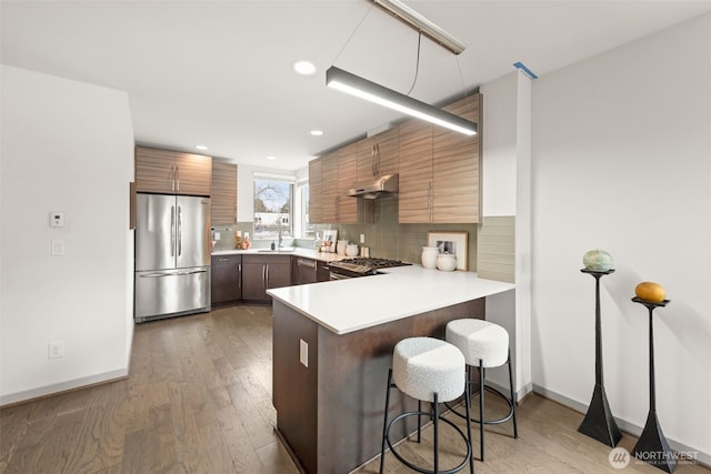 kitchen with decorative backsplash, light countertops, under cabinet range hood, and stainless steel appliances