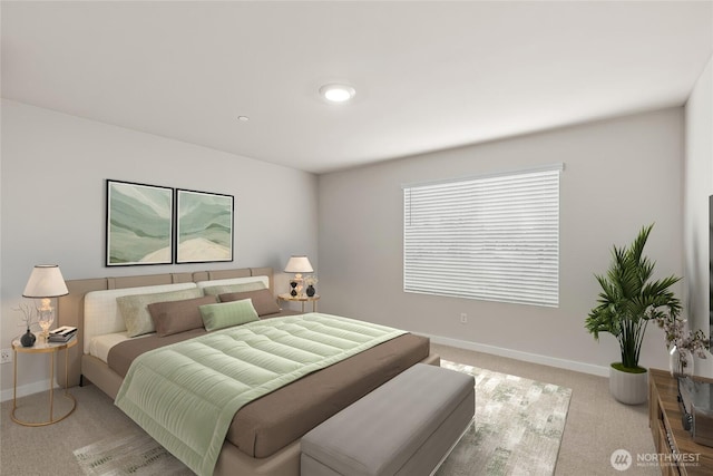 bedroom with light colored carpet and baseboards