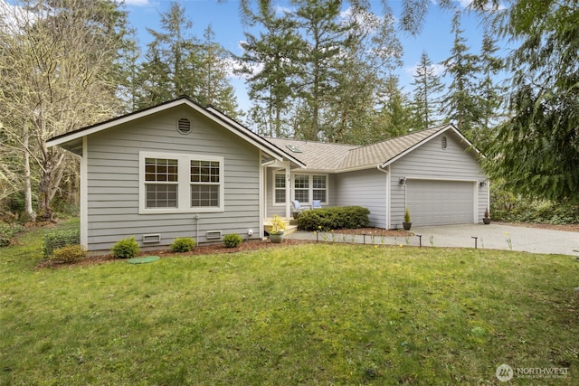 ranch-style home featuring crawl space, a garage, concrete driveway, and a front lawn