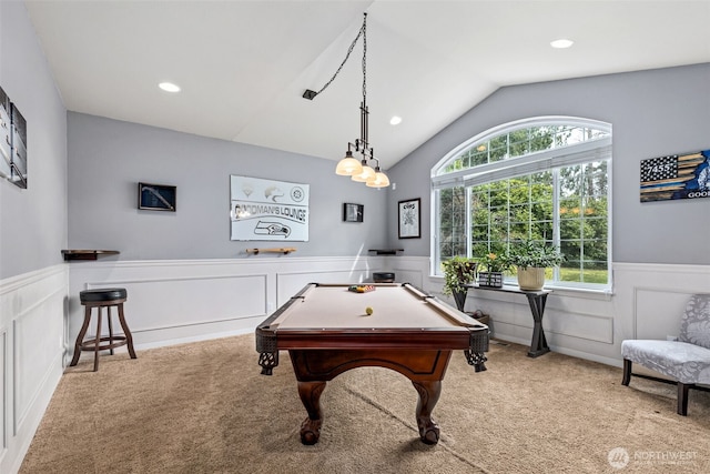 game room with a wainscoted wall, recessed lighting, lofted ceiling, and carpet floors