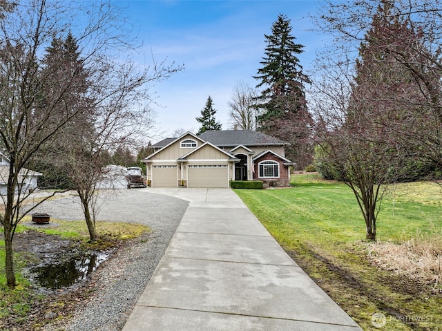 view of front of property featuring a front yard, an attached garage, board and batten siding, and driveway