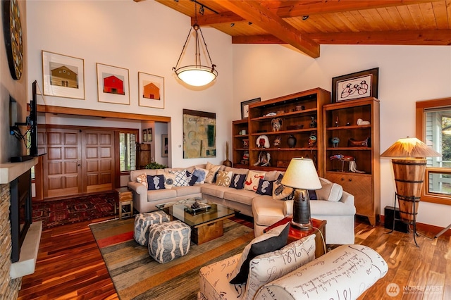 living room with wood ceiling, beamed ceiling, wood finished floors, and high vaulted ceiling