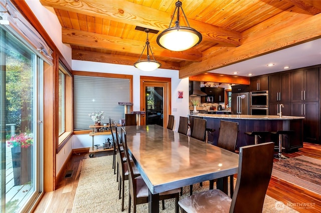 dining room featuring light wood-style floors, wooden ceiling, beam ceiling, and visible vents