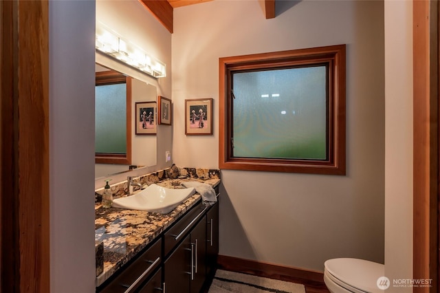 bathroom featuring vanity, baseboards, wood finished floors, and toilet
