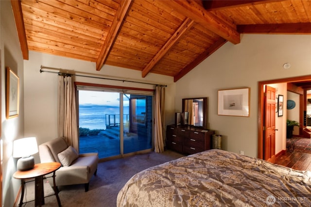 bedroom with lofted ceiling with beams, access to exterior, wood ceiling, and dark colored carpet
