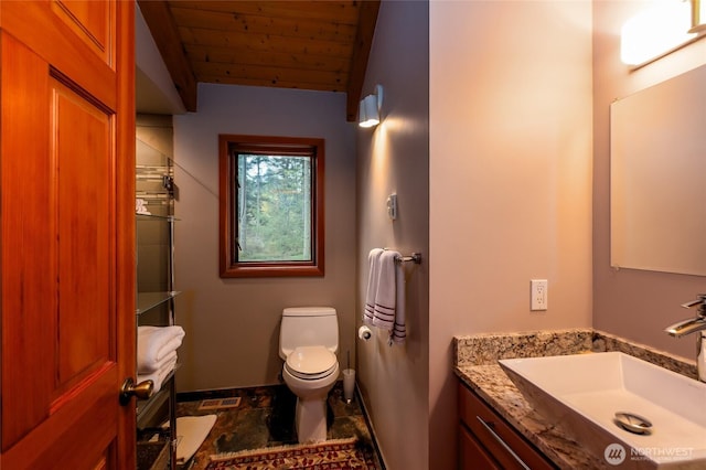 bathroom with vanity, toilet, stone finish flooring, visible vents, and wood ceiling