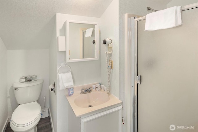 full bathroom with vanity, a shower stall, toilet, and a textured ceiling