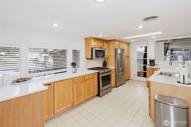 kitchen featuring a sink, stainless steel appliances, visible vents, and a wealth of natural light