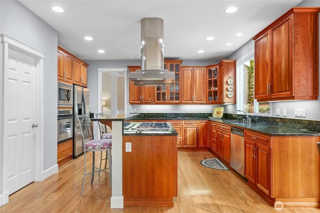 kitchen featuring appliances with stainless steel finishes, island exhaust hood, light wood-style floors, and a kitchen breakfast bar