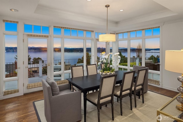 sunroom with a tray ceiling and a water view