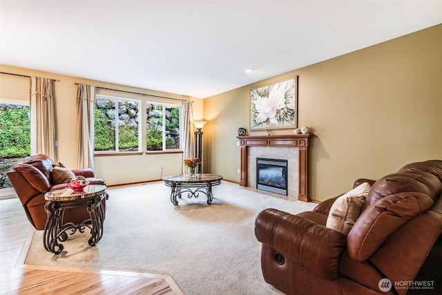 living area featuring a tiled fireplace, a healthy amount of sunlight, baseboards, and wood finished floors