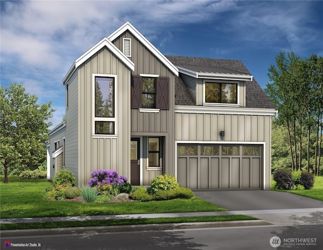 modern farmhouse style home featuring a front yard, roof with shingles, board and batten siding, and driveway