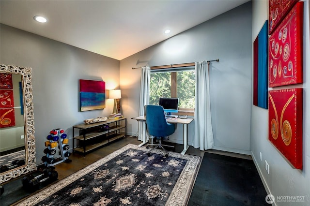 office space with baseboards, lofted ceiling, and recessed lighting