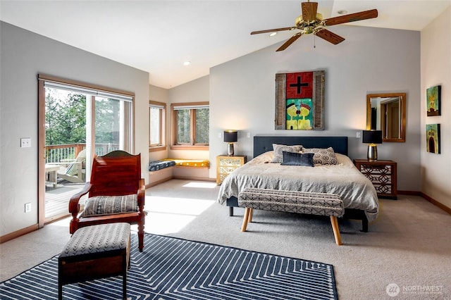 bedroom featuring carpet floors, access to outside, vaulted ceiling, and baseboards