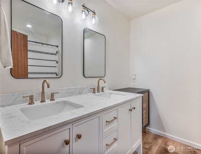 full bathroom with baseboards, wood finished floors, a sink, and double vanity