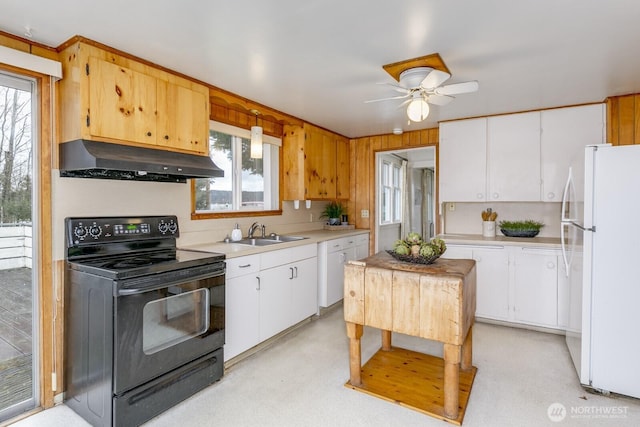 249 Cascade Ave, Langley, WA 98260 - kitchen featuring light countertops, under cabinet range hood, electric range, a sink, and freestanding refrigerator